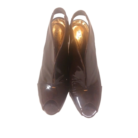 STELE Italian Deep Brown Patent Leather Sling Back Heels open toe Pumps Size 7 - Picture 3 of 10